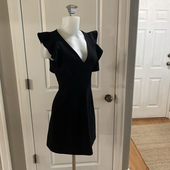 FRENCH CONNECTION Black WHISPER V-Neck RUFFLE Cocktail MINI DRESS -Size US 4 - Picture 5 of 14